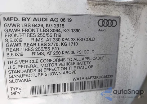 2019 Audi Q7 45 Premium z USA, uszkodzony, nr VIN WA1AHAF73KD046239
